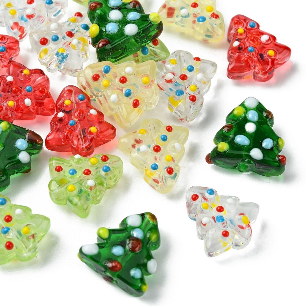 9737 20 Pcs 5 Colors Glass Christmas Trees Beads Cute Xmas Tree Beads Bumpy